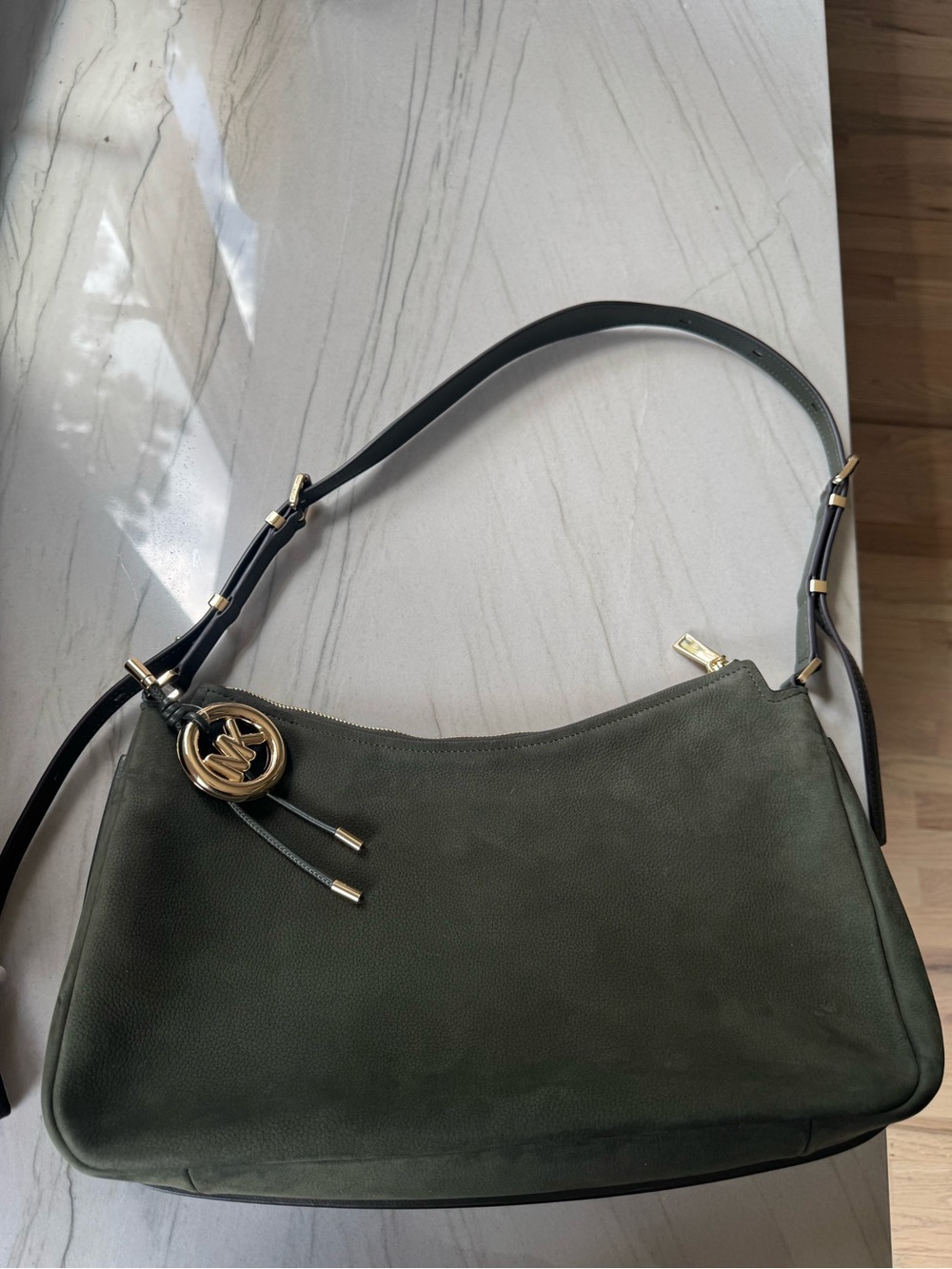 Michael Kors Dark Olive Green Leather Shoulder Bag with Gold Hardware